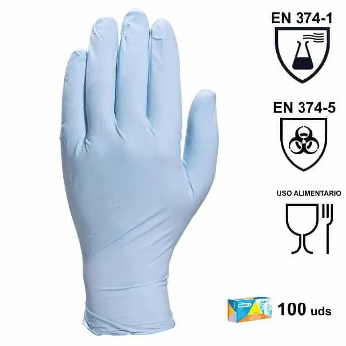 Guantes de nitrilo azul con polvo V1400PB – Caja 100 uds