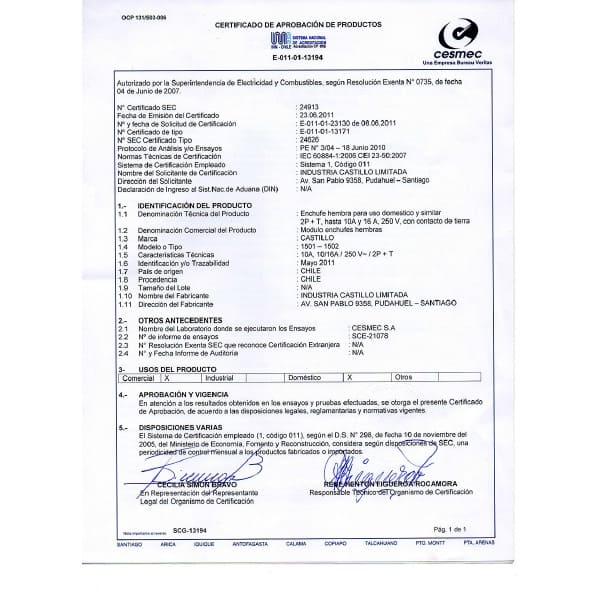 Toma Corriente Doble 2P+T 10A-250V Castillo - Imagen 2